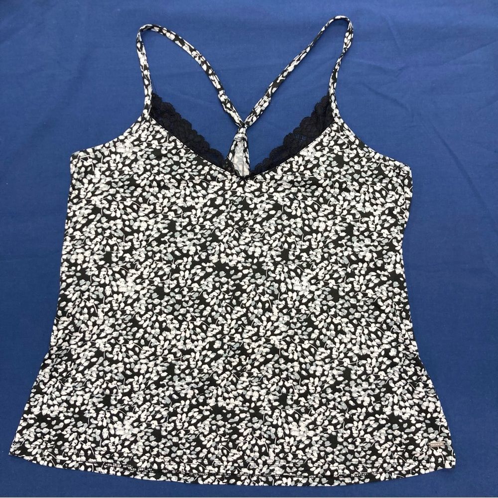 Tahari Top SZ L Adjustable Straps Black and White Lace Neckline Racerback light